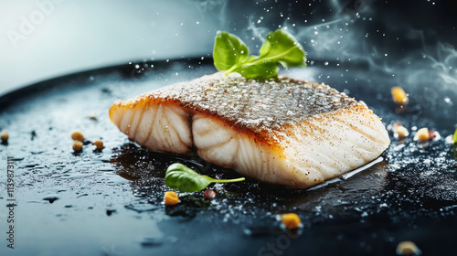 Deliciously Plated Fish Fillet Garnished with Vibrant Spices Artfully Arranged on a Crisp White Plate for Culinary Delight