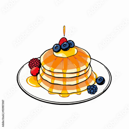 Ricotta Pancakes with Honey and Berries – Black Outline Vector Illustration