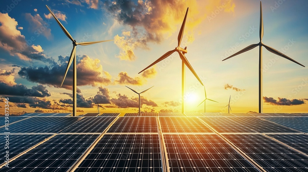 Solar panels and wind turbines harness renewable energy under a vibrant sunset. Solar panels and wind turbines harness renewable energy under a vibrant sunset.