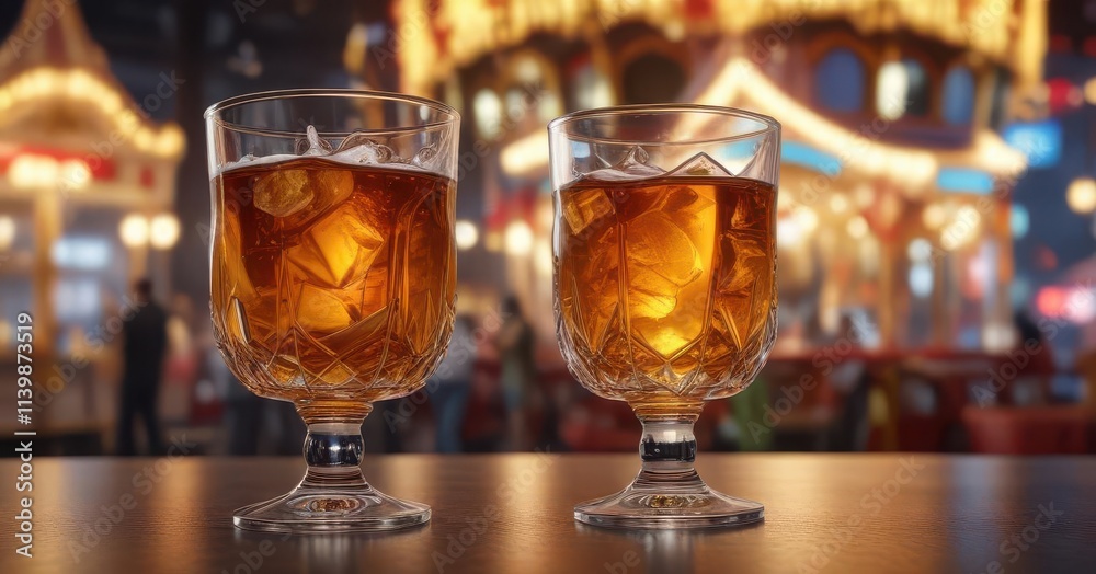 Amber sherry in crystal glass, vibrant fairground backdrop, funfair, party, bokeh Amber sherry in crystal glass, vibrant fairground backdrop, funfair, party, bokeh