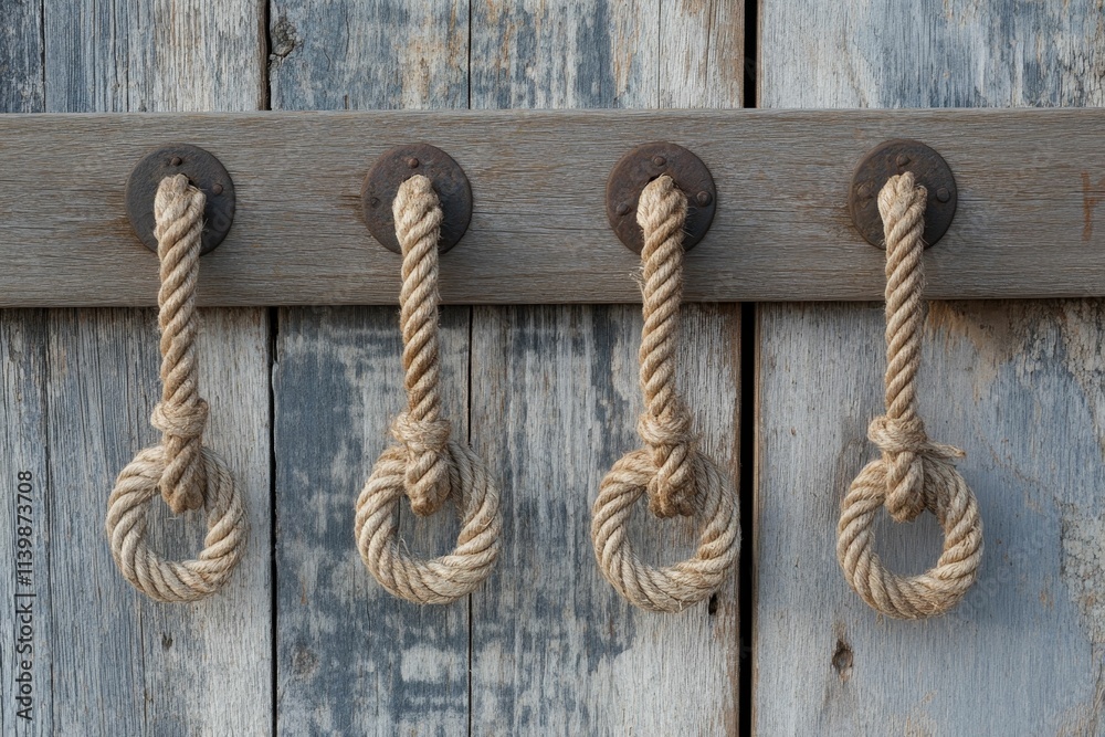 Four rope loops attached to weathered wood. Four rope loops attached to weathered wood.