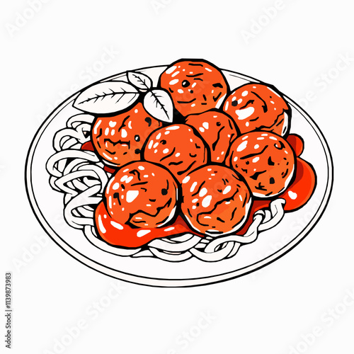 Spicy Meatballs with Tomato Sauce – Black Outline Vector Illustration