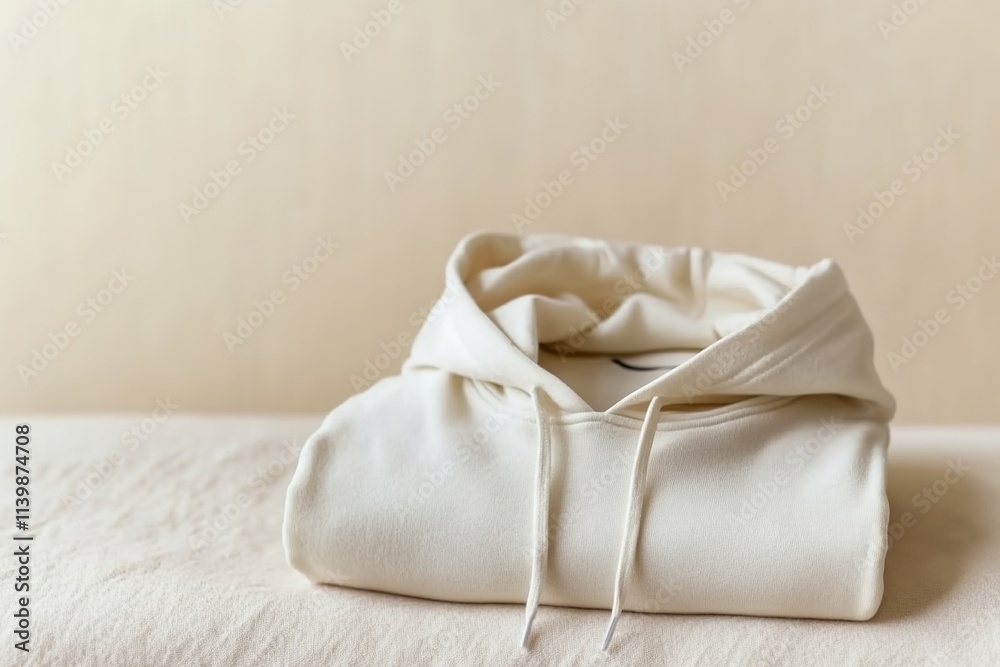 Folded ivory hoodie on beige background, minimalist style Folded ivory hoodie on beige background, minimalist style