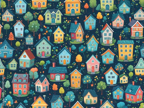 Generated pattern illustration of cartoon houses.