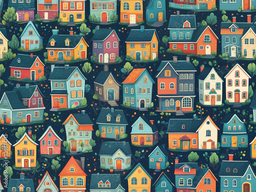 Generated pattern illustration of cartoon houses.