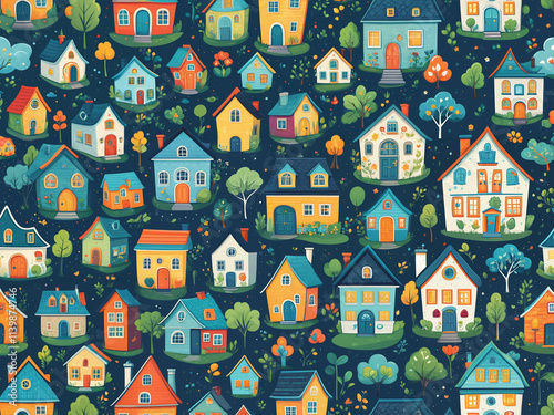 Generated pattern illustration of cartoon houses.