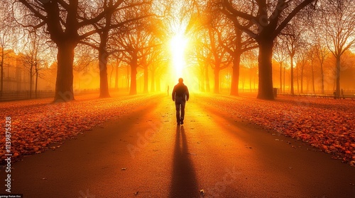 Man Walking Alone in Sunset Amidst Trees and Fallen Leaves