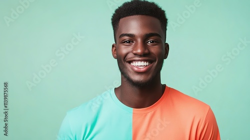 Smiling man in colorful shirt on green background