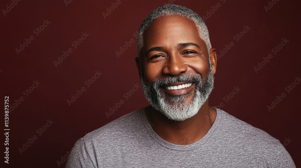 Smiling mature man with grey beard on maroon backdrop. Smiling mature man with grey beard on maroon backdrop.