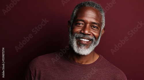 Senior man with grey hair and beard smiles on maroon background