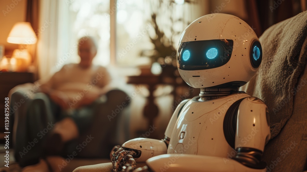 Ai caregiver robot in warm homely setting with elderly figure Ai caregiver robot in warm homely setting with elderly figure
