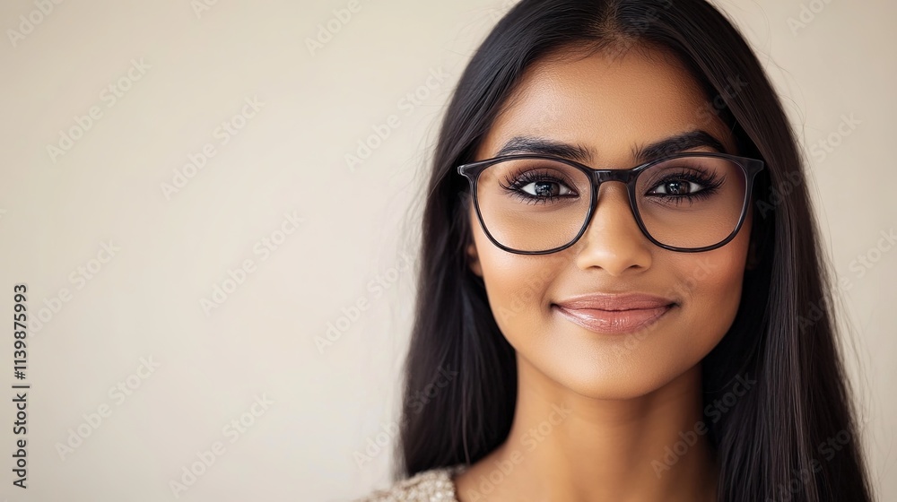 Smiling woman wearing glasses, neutral background
