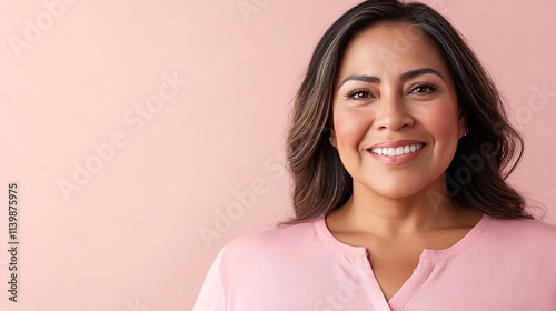 Smiling woman in pink on pastel background with copy space