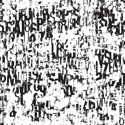 seamless pattern of English letters on grunge texture. Vector background with black capital Latin letters in retro style on white backdrop. Suitable for wallpaper, wrapping paper, fabric