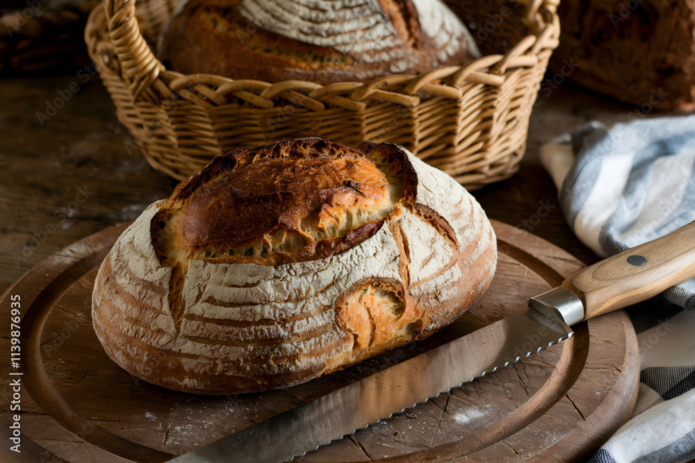Obraz premium Freshly Baked Bread Golden bread loaf on wooden board, highlighting warmth and rustic charm