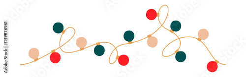 Christmas lights tangled garland circle colored bulbs. Glowing Xmas festive string decoration with hanging retro lamps lightbulb for holiday cards, banners, posters, web. Isolated vector illustration