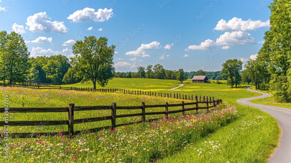 A serene meadow filled with wildflowers under a bright blue sky, with a wooden fence and a winding country path leading toward a distant farmhouse. The idyllic rural scene embodies simplicity, A serene meadow filled with wildflowers under a bright blue sky, with a wooden fence and a winding country path leading toward a distant farmhouse. The idyllic rural scene embodies simplicity,