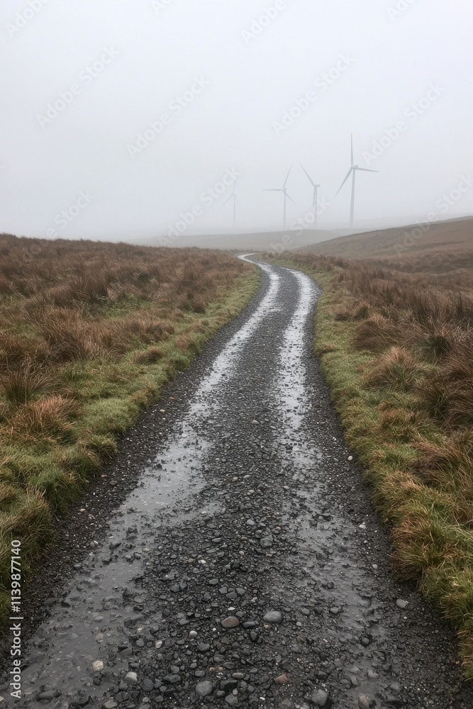 Foggy rural road leading to wind turbines. Foggy rural road leading to wind turbines.