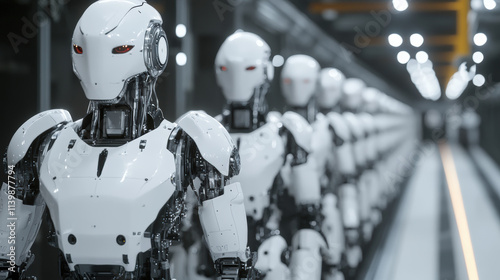 A line of robots are lined up in a factory