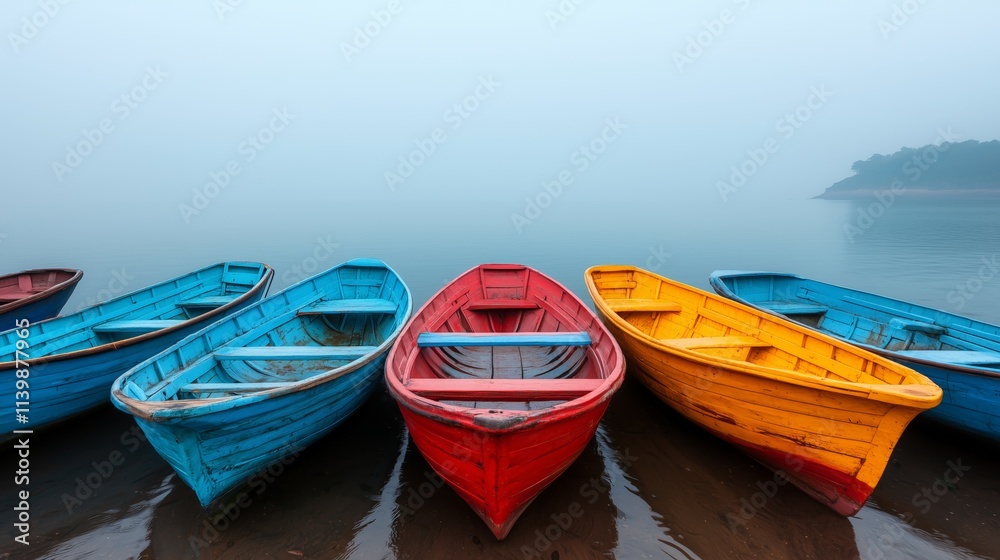 Naklejka premium Fog hovering over small fishing boats docked near a village shore