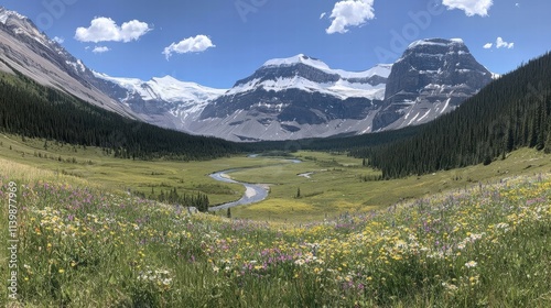 Wallpaper Mural A stunning alpine valley with wildflower-covered meadows, a sparkling river winding through the landscape, and towering snow-capped peaks in the background. The expansive and majestic scene  Torontodigital.ca
