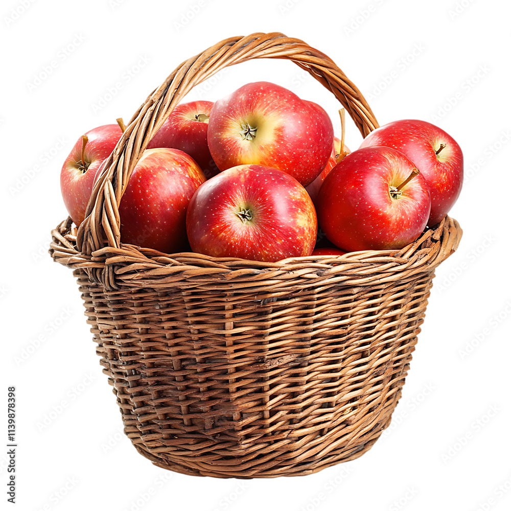 A wicker basket full of fresh fruits apples and lemons on a transparent background. A wicker basket full of fresh fruits apples and lemons on a transparent background.