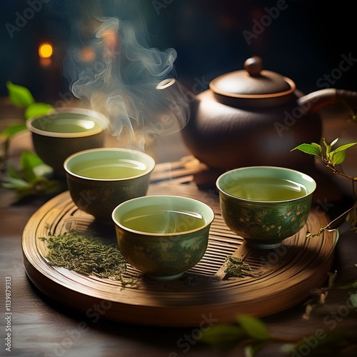 a traditional Chinese tea set with steaming cups of green tea