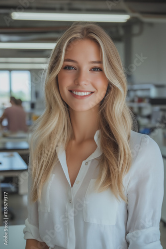 Young woman in casual wear smiling in university laboratory