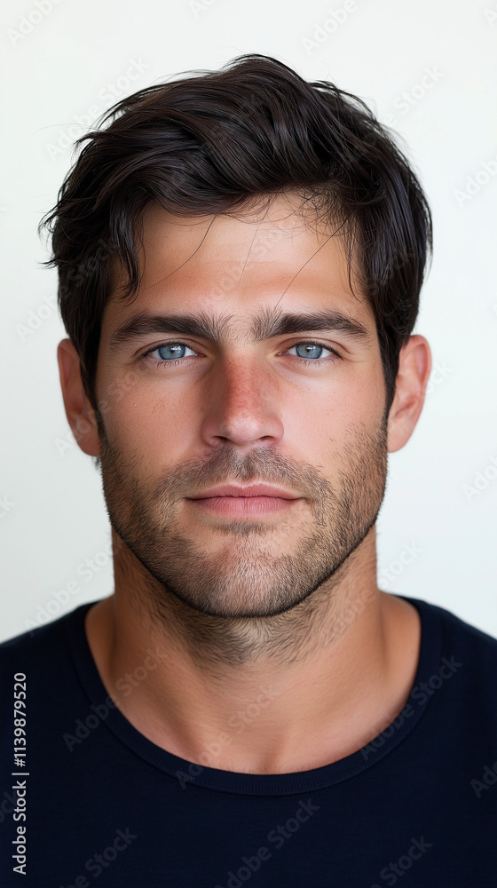 Close-up portrait of handsome dark-haired man with blue eyes Close-up portrait of handsome dark-haired man with blue eyes