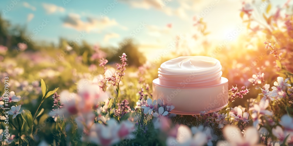 A small jar of cream is sitting on a field of flowers. The sun shining brightly on the flowers. The jar of cream is the focal point of the image A small jar of cream is sitting on a field of flowers. The sun shining brightly on the flowers. The jar of cream is the focal point of the image