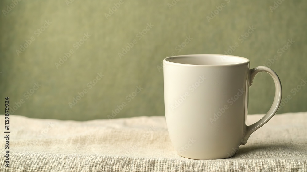 White mug on fabric against olive background, simplicity White mug on fabric against olive background, simplicity