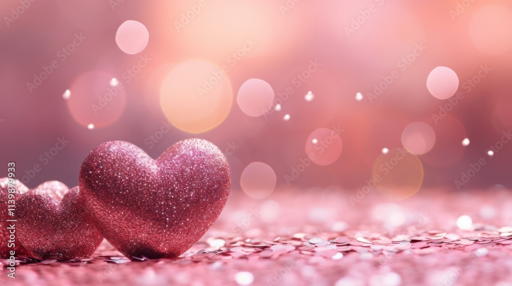photograph of Heart-shaped particles and sprinkles to celebrate the holidays pink glitter bokeh photograph of Heart-shaped particles and sprinkles to celebrate the holidays pink glitter bokeh