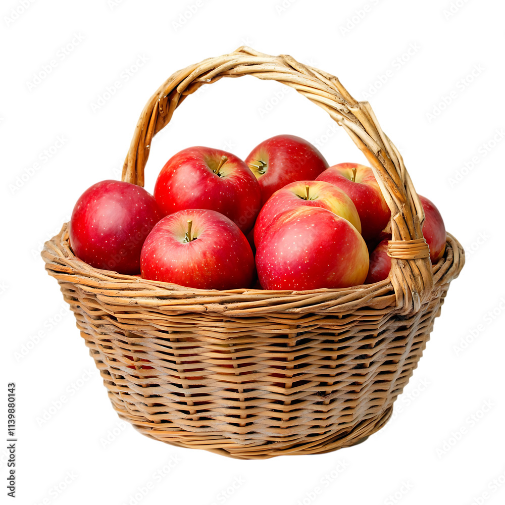 A wicker basket full of fresh fruits apples and lemons on a transparent background. A wicker basket full of fresh fruits apples and lemons on a transparent background.