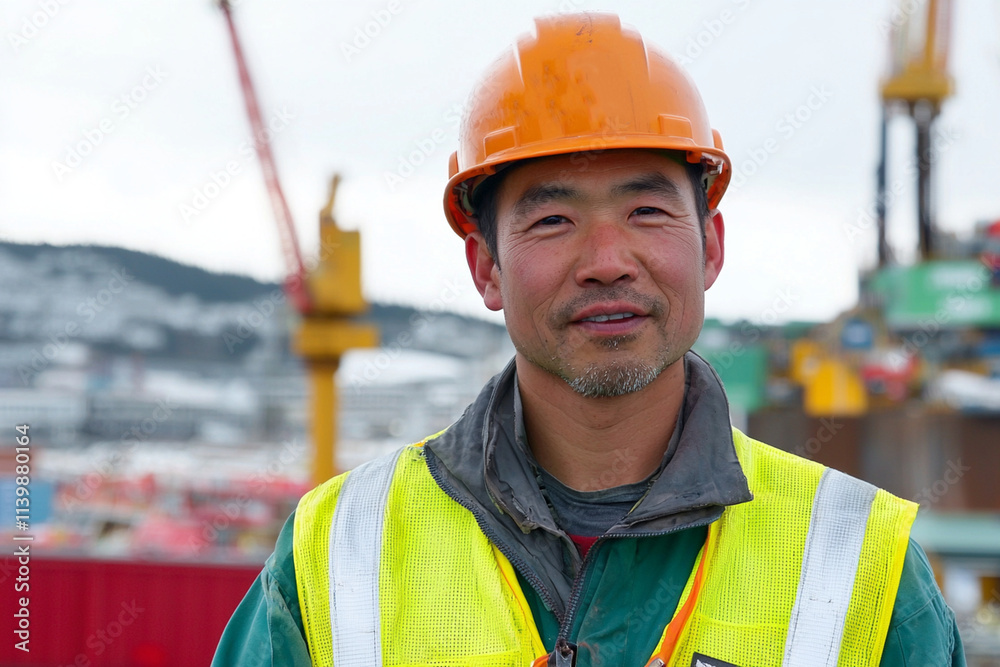 Oil rig worker smiling at the site during winter Oil rig worker smiling at the site during winter