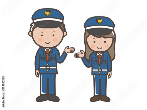 案内や説明をする男女警備員の全身イラスト