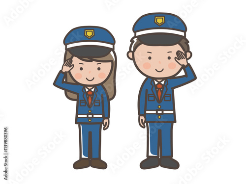 敬礼ポーズをする男女警備員の全身イラスト
