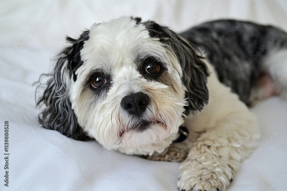 Adorable pet dog resting on soft white background Adorable pet dog resting on soft white background