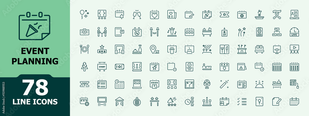 Event Planning line icons set. Icon party, ticket, promotion, strategy, happy, web, art, media. Minimal linear icons. Vector illustration. Event Planning line icons set. Icon party, ticket, promotion, strategy, happy, web, art, media. Minimal linear icons. Vector illustration.