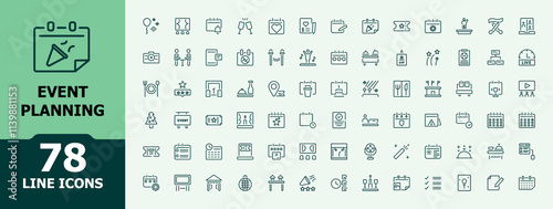 Event Planning line icons set. Icon party, ticket, promotion, strategy, happy, web, art, media. Minimal linear icons. Vector illustration.