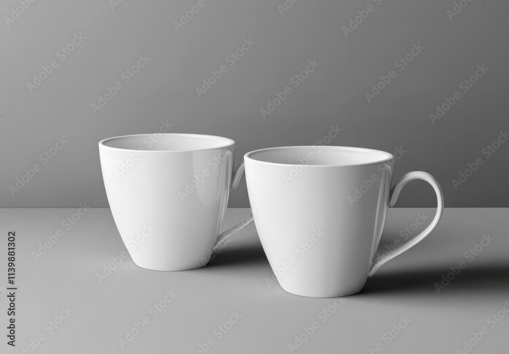 Two elegant, white ceramic cups with smooth surfaces, positioned on a minimalistic gray background, creating a serene and modern aesthetic. Two elegant, white ceramic cups with smooth surfaces, positioned on a minimalistic gray background, creating a serene and modern aesthetic.