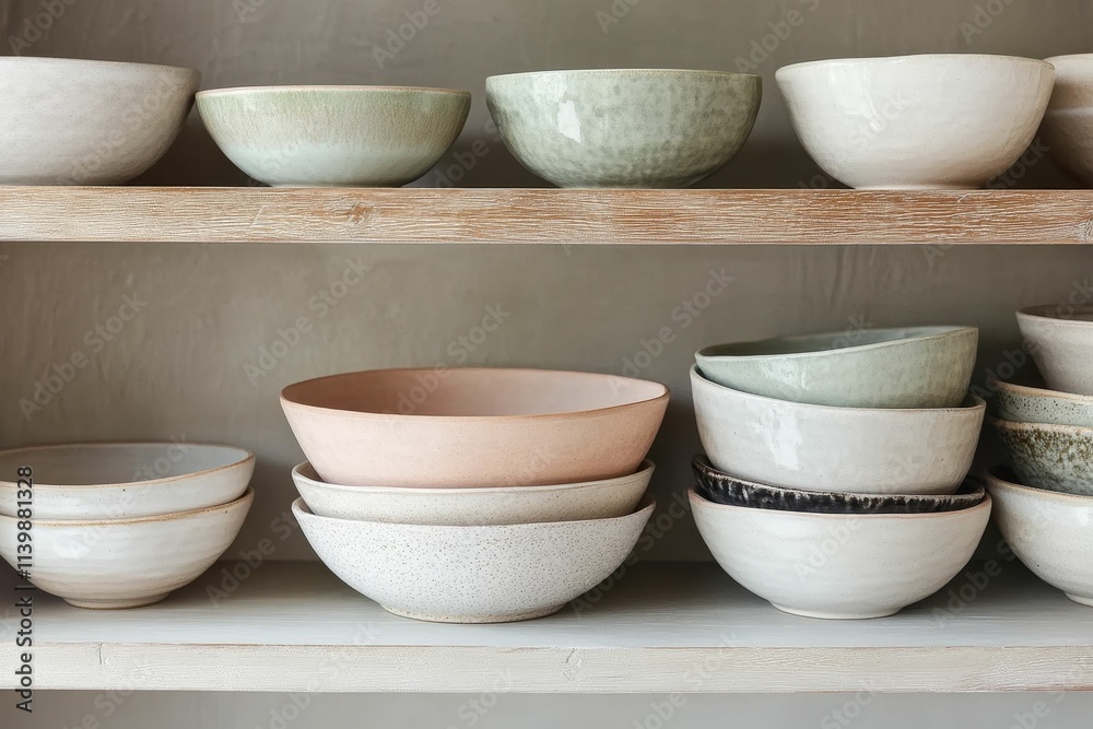 Ceramic bowls arranged on wooden shelves. Ceramic bowls arranged on wooden shelves.