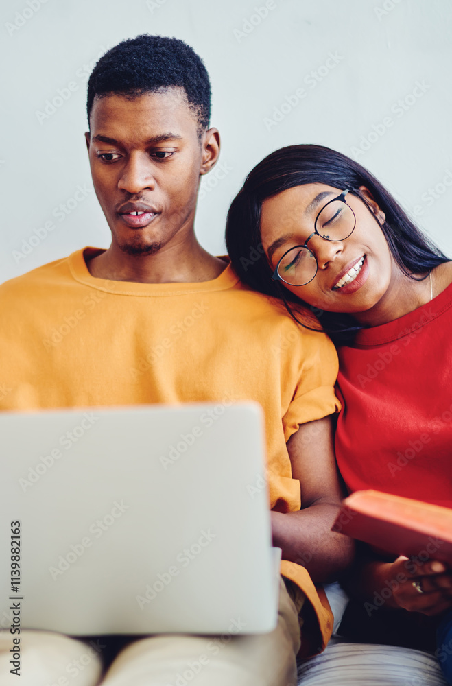 © BullRun - Youthful marriage enjoying together recreation during weekend in home apartment,African American man choosing movie for online watching on leisure connecting to 4g while wife lying on husband shoulder © BullRun - Youthful marriage enjoying together recreation during weekend in home apartment,African American man choosing movie for online watching on leisure connecting to 4g while wife lying on husband shoulder