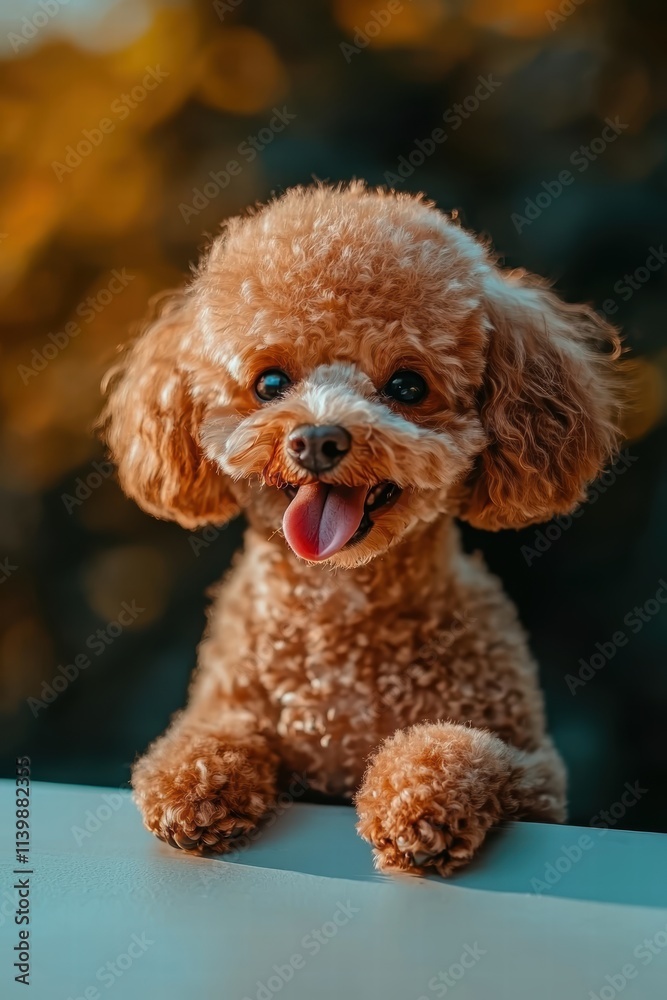 Cute fluffy poodle dog with joyful expression in outdoor setting Cute fluffy poodle dog with joyful expression in outdoor setting