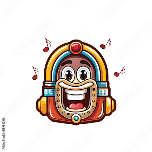 A jovial, anthropomorphic jukebox character, wearing a jaunty hat, happily plays upbeat tunes on a vintage saxophone.