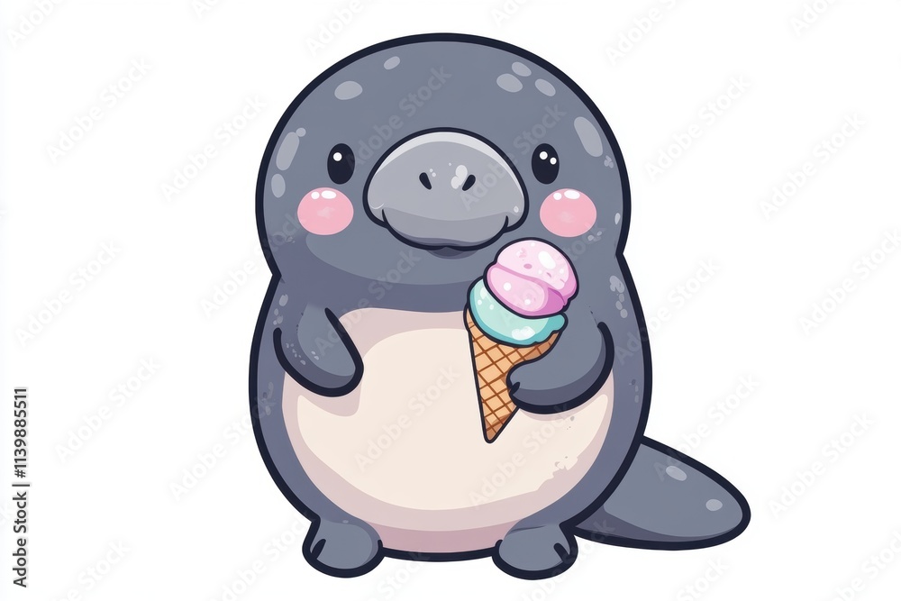A cute cartoon manatee holding an ice cream cone with pastel colors.