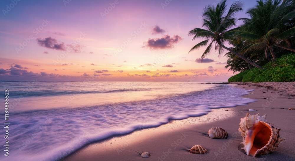 Serene tropical beach at sunset with seashells and palm trees Serene tropical beach at sunset with seashells and palm trees