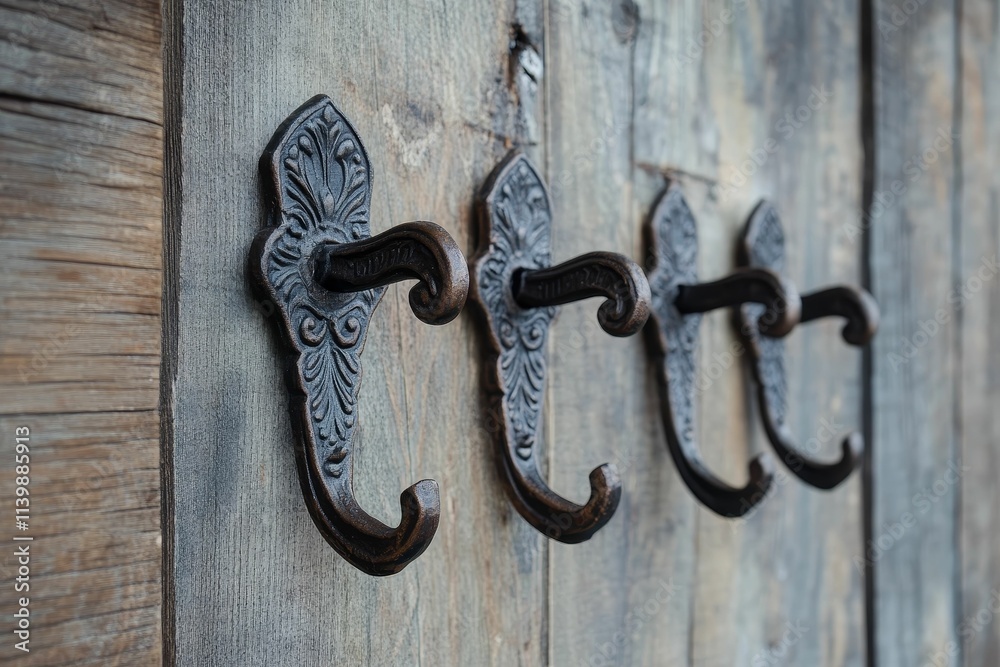 Ornate metal hooks on weathered wood. Ornate metal hooks on weathered wood.