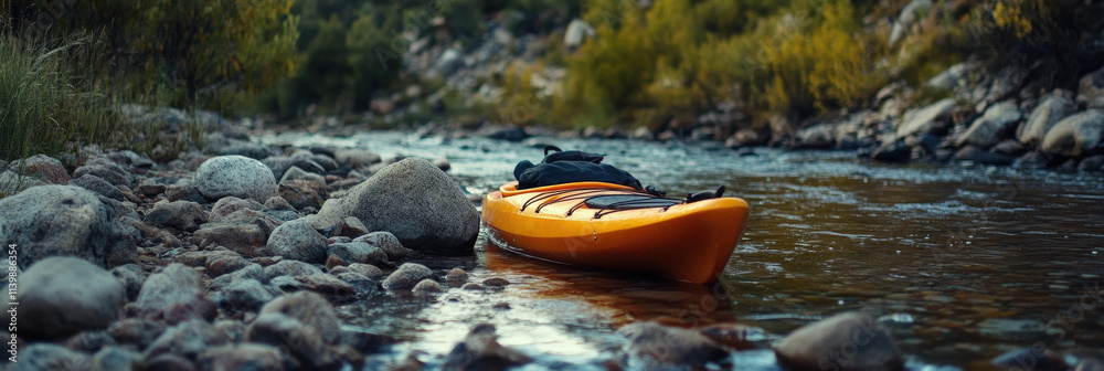Yellow Kayak Resting in Rocky River Yellow Kayak Resting in Rocky River