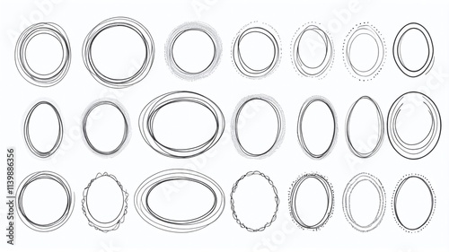 Highlight oval frames, hand drawn underline line set. Hand drawn marker scribble doodle circle set. Ovals and ellipses line template. Stock vector illustration isolated on white background.