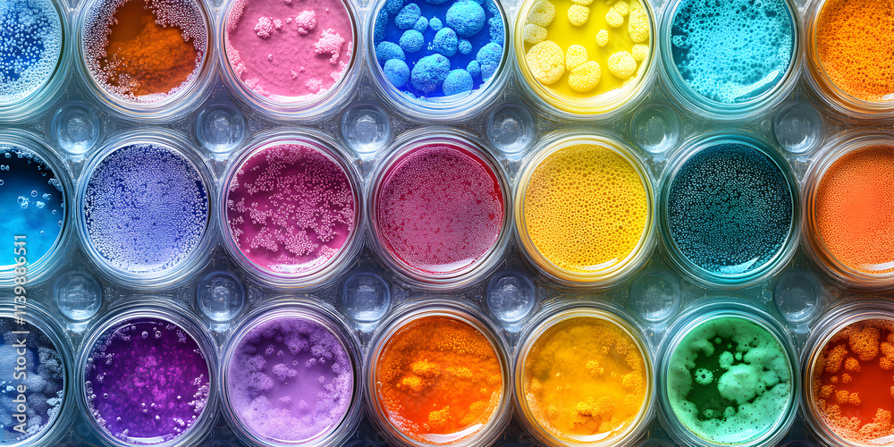 Vibrant Color Palette, A Collection of Bubbly Hues in Transparent Containers, Displaying a Spectrum of Colors. Vibrant Color Palette, A Collection of Bubbly Hues in Transparent Containers, Displaying a Spectrum of Colors.